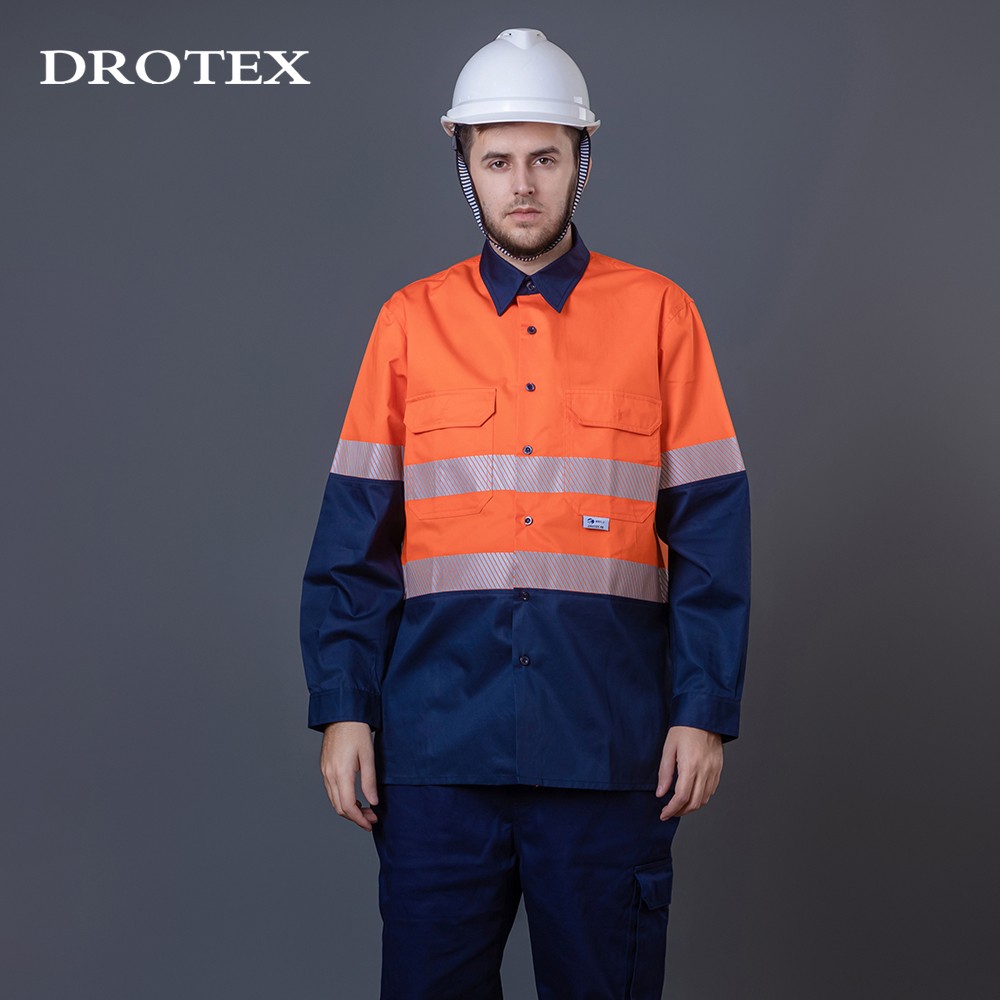 机械工焊接工人工作衬衫反光阻燃拼色棉涤工作长袖衬衫